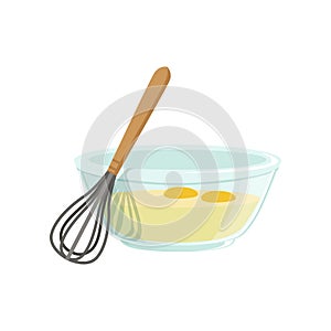 Raw eggs in a glass bowl and whisk for whipping vector Illustration