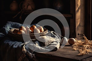 Raw eggs product photography arrangement with natural light. Ai generated