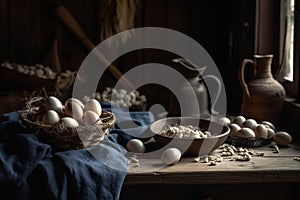 Raw eggs product photography arrangement with natural light. Ai generated