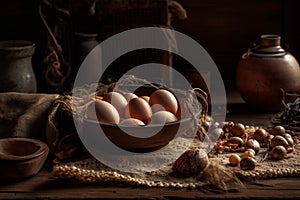Raw eggs product photography arrangement with natural light. Ai generated