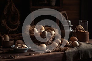 Raw eggs product photography arrangement with natural light. Ai generated