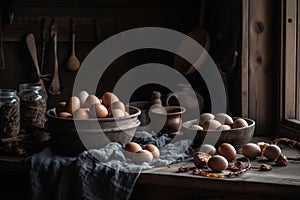Raw eggs product photography arrangement with natural light. Ai generated