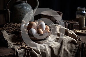 Raw eggs product photography arrangement with natural light. Ai generated