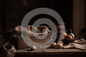 Raw eggs product photography arrangement with natural light. Ai generated