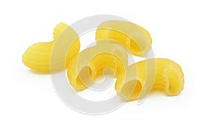 Raw elbow Macaroni Gomiti Pasta Isolated on white background, Cut out with clipping path.