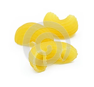 Raw elbow Macaroni Gomiti Pasta Isolated on white background, Cut out with clipping path.