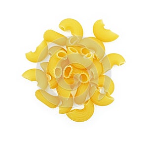 Raw elbow Macaroni Gomiti Pasta Isolated on white background, Cut out with clipping path.