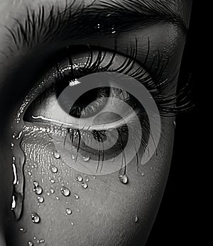 Raw Emotion: The Tear-Stained Eye of a Girl - Captured in Striking Black and White