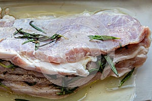 Raw fat pork meat seasoned with salt, papper, garlic and rosemary branches