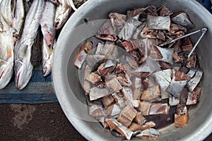 Raw fish fillet in Asian local market