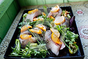 Raw fish on the pan