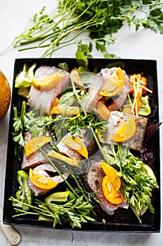 Raw fish on the pan