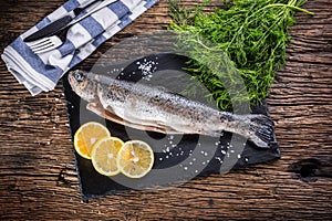 Raw fish trout with herbs dill lemon and salt on rustic oak table