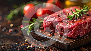 Raw, flap or flank, also known Bavette steak near butcher knife with pink pepper and rosemary