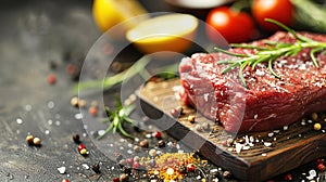 Raw, flap or flank, also known Bavette steak near butcher knife with pink pepper and rosemary photo