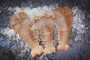 Raw flathead lobster shrimps on ice, fresh slipper lobster flathead for cooking on dark background in the seafood restaurant or