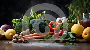 Raw food concept. Assortment of raw vegetables on a wooden cutting board on dark background. Composition with assorted raw organic