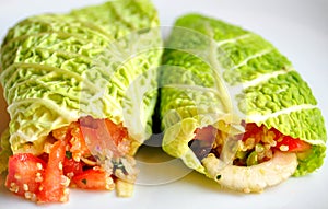 Raw food diet concept with cabbage wraps