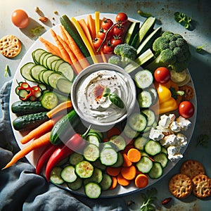 Raw food platter with cream cheese dip