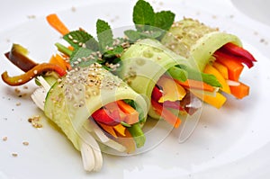 Raw food recipe with cucumber, pepper, onion and carrot