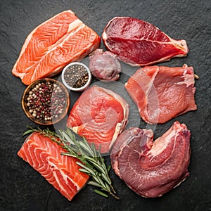 Raw food selection for Carnivore diet Salmon fish Steak Chicken meat Chicken liver Beef meat Steak on dark background