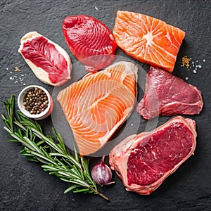 Raw food selection for Carnivore diet Salmon fish Steak Chicken meat Chicken liver Beef meat Steak on dark background