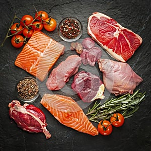 Raw food selection for Carnivore diet Salmon fish Steak Chicken meat Chicken liver Beef meat Steak on dark background