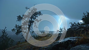 The raw force of a powerful lightning bolt strikes the earth splintering trees and splitting rocks as if they were mere