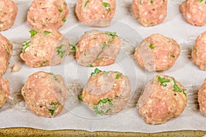 Raw formed meat balls ready to bake