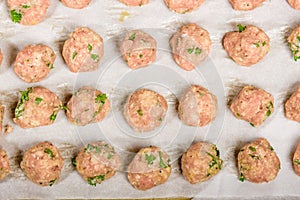 Raw formed meat balls ready to bake