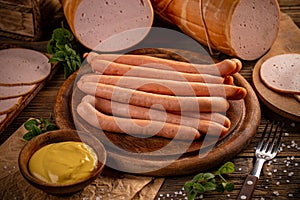 Raw frankfurter sausages