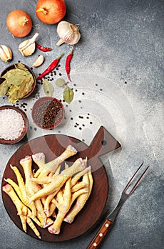 Raw fresh chicken feet. Ingredients for cooking Indonesian, thai, malaysian  and Chinese dishes