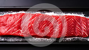 Raw fresh entrecote meat from ribeye steak on a board with salt. Dark background. Generative AI