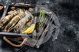 Raw fresh Giant Black tiger prawns shrimps in a tray with lemon and thyme. Black background. Top view. Free copy space