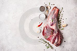 Raw fresh Lamb Meat leg and seasonings on gray concrete background