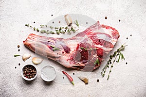 Raw fresh Lamb Meat shank and seasonings on gray concrete background