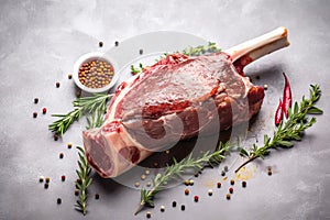 Raw fresh Lamb Meat shank and seasonings on gray concrete background. Generative AI illustration