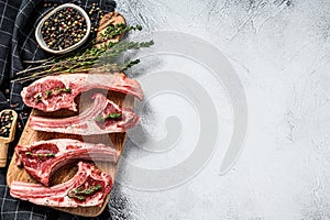 Raw fresh lamb ribs and spicy herbs. White background. Top view. Copy space