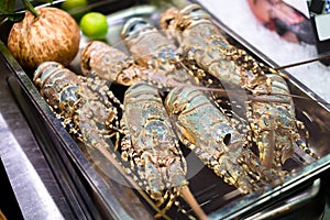 Raw Fresh Lobsters in Supermarket