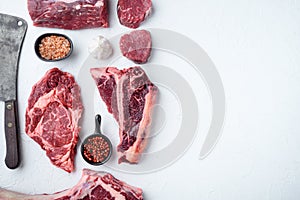 Raw fresh marbled meat Steak, seasonings, tomahawk, t bone, club steak, rib eye and tenderloin cuts, on white stone  background,