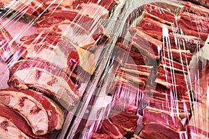 Raw fresh meat, beef or pork in supermarket.