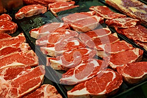 Raw fresh meat, beef or pork in supermarket for steak ingredient