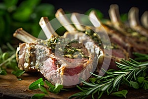 Raw fresh meat steaks on the bone with green herbs, spices. Prime raw racks of lamb, lamb meat or tomahawk steak. Generative AI