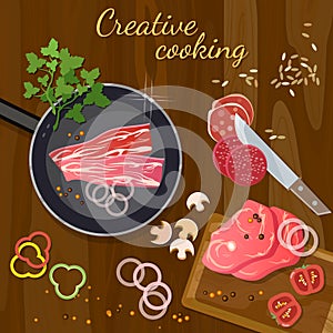 Raw fresh meat on wooden table vector
