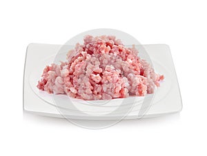Raw fresh minced meat on plate isolated on white background