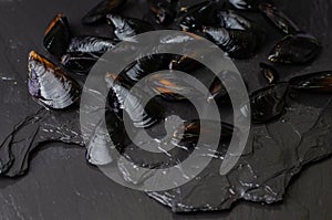 Raw fresh mussels on black slate stone background. Cooking seafood concept