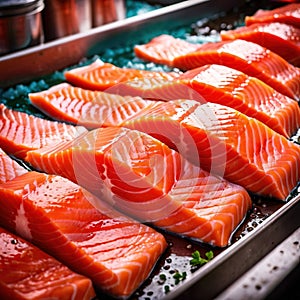 Raw fresh salmon fish fillets, food processing for restaurant prep or food manufacturing industry factory