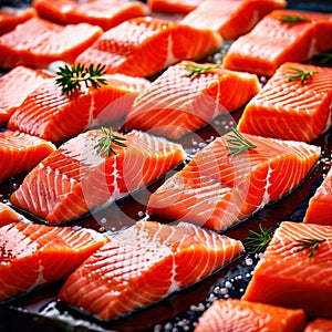 Raw fresh salmon fish fillets, food processing for restaurant prep or food manufacturing industry factory