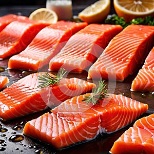 Raw fresh salmon fish fillets, food processing for restaurant prep or food manufacturing industry factory