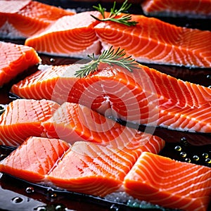 Raw fresh salmon fish fillets, food processing for restaurant prep or food manufacturing industry factory